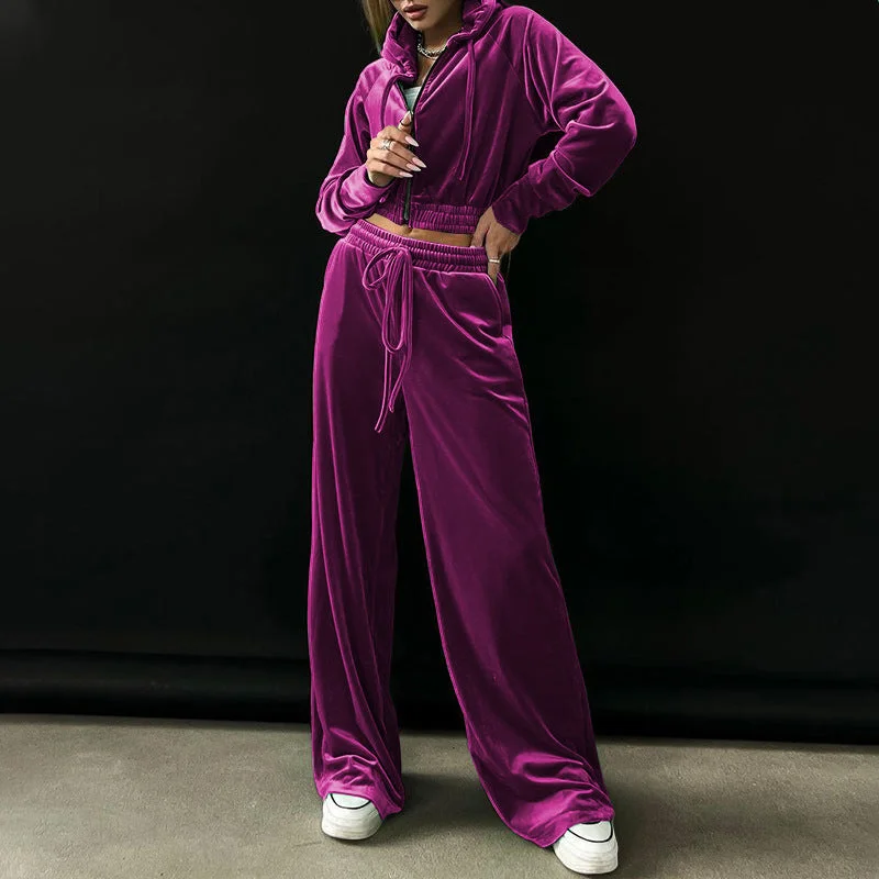 Final Markdown premium gym hoodieWomen's Velour Short Length Hoodie And Matching Wide Leg Trousers