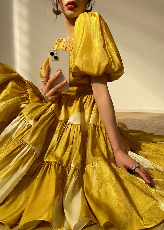 Super Bargain chic slip dressNovelty Gold Yellow U Neck Nail Bead Wrinkled Silk Dress Short Sleeve