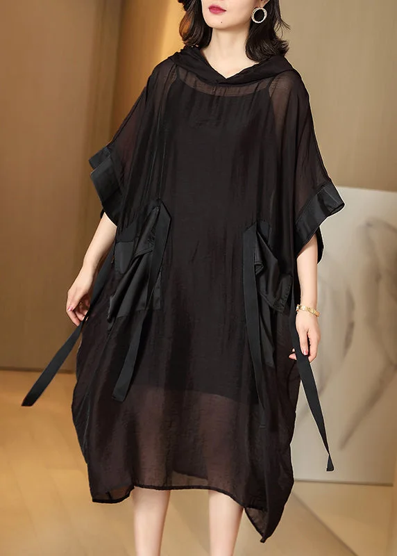 evening dressStylish Black Pockets Silk Holiday Hooded Long Dress Half Sleeve