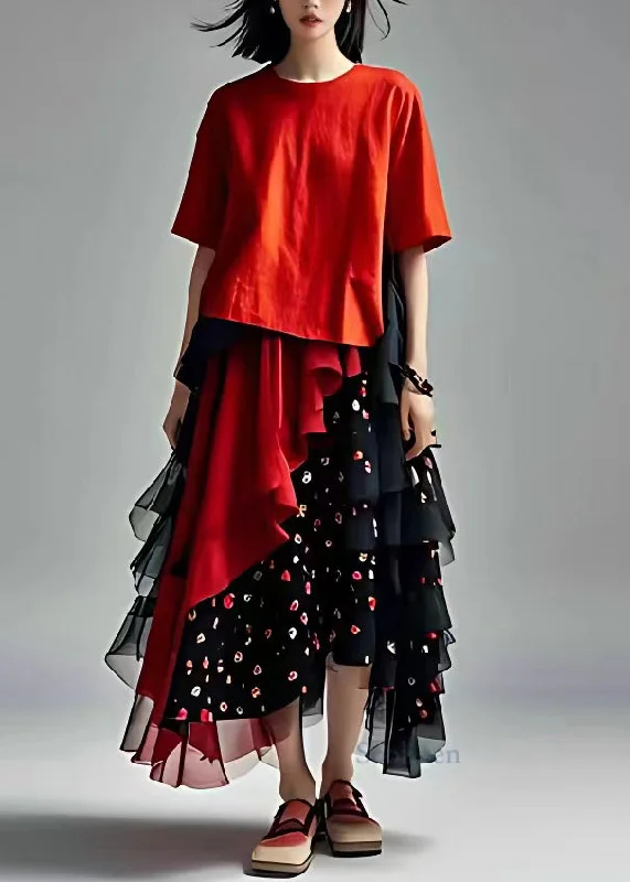 Discount Mania pleated maxi dressFashion Red Tulle Patchwork ChiffonTwo piece set