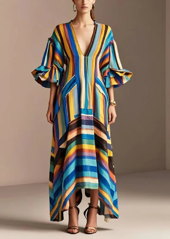 v-neck dressModern Rainbow V Neck Striped Cotton Maxi Dresses Petal Sleeve