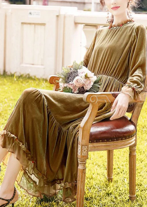 Best Bargains floral dressWomen Khaki Ruffled Patchwork Exra Large Hem Silk Velour Dresses Spring