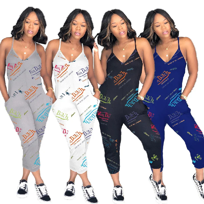 Value Deals Summer Streetwear Print Spaghetti Strap Jumpsuit DC369