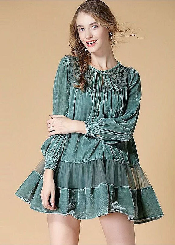 textured dressGreen Patchwork Velour Day Dress Embroideried Hollow Out Spring