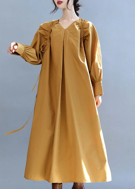 New Markdowns sleek midi dressFashion Yellow V Neck Cinched Cotton Long Dress Fall New Markdowns sleek midi dressFashion Yellow V Neck Cinched Cotton Long Dress Fall