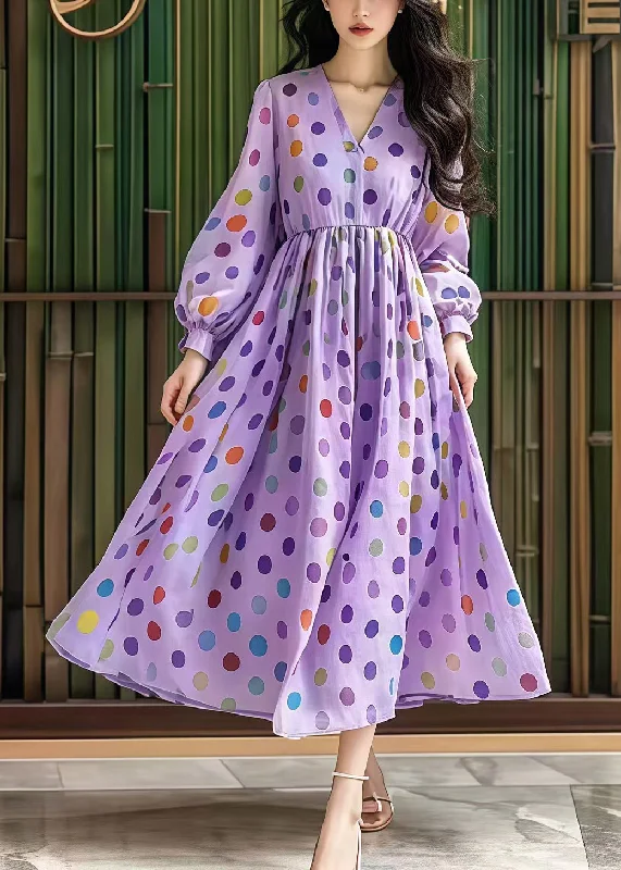 Huge Discounts sleeveless dressWomen Purple V Neck Print Cotton Party Dress Fall