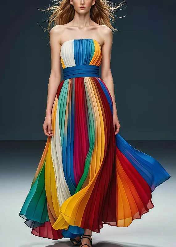 elegant shift dressChic Rainbow Cinched Exra Large Hem Chiffon Strapless Pleated Dress Summer