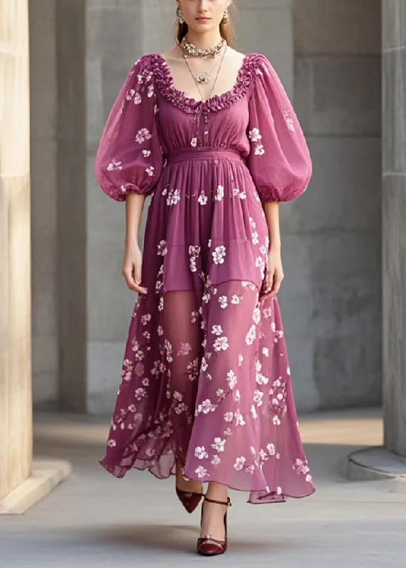 Don't Wait classic fit-and-flare dressPurple Print Chiffon Robe Dresses Ruffled Lantern Sleeve