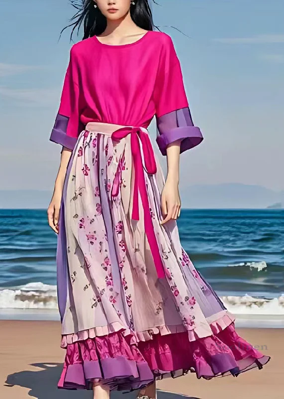 Bargain Prices modern dressArt Rose Patchwork Tie Waist Chiffon Long Dress Summer