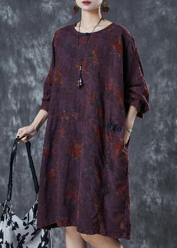 knit dressBoutique Dull Purple Print Chinese Button Linen Dress Spring