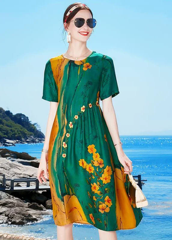 one-shoulder dressBeautiful Green O-Neck Wrinkled Print Draping Silk Party Dress Short Sleeve