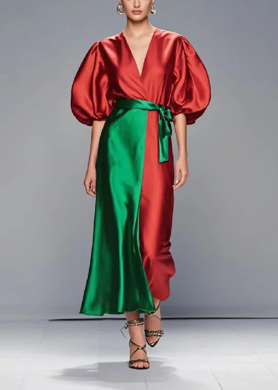 high-waisted dressWomen Red Puff Sleeve Patchwork Silk Robe Dresses