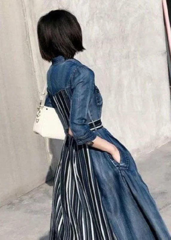 Savings Galore chic wrap dressBohemian Denim Blue Peter Pan Collar Patchwork Striped Cotton Holiday Dress Bracelet Sleeve Savings Galore chic wrap dressBohemian Denim Blue Peter Pan Collar Patchwork Striped Cotton Holiday Dress Bracelet Sleeve