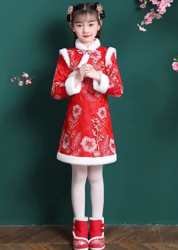 printed dressVogue Red Embroideried Patchwork Button Warm Fleece Kids Mid Dress Long Sleeve