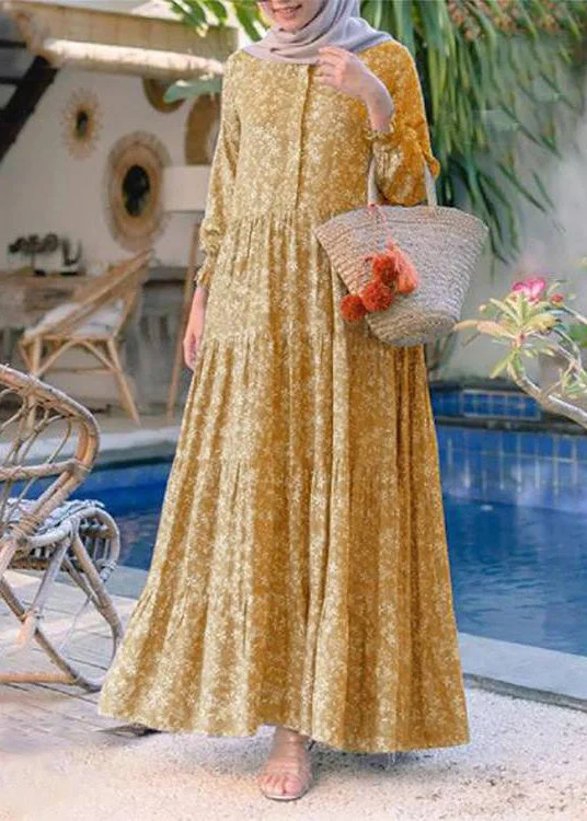 Major Savings sophisticated dressRetro Yellow O-Neck Print Patchwork Button Long Dresses Long Sleeve