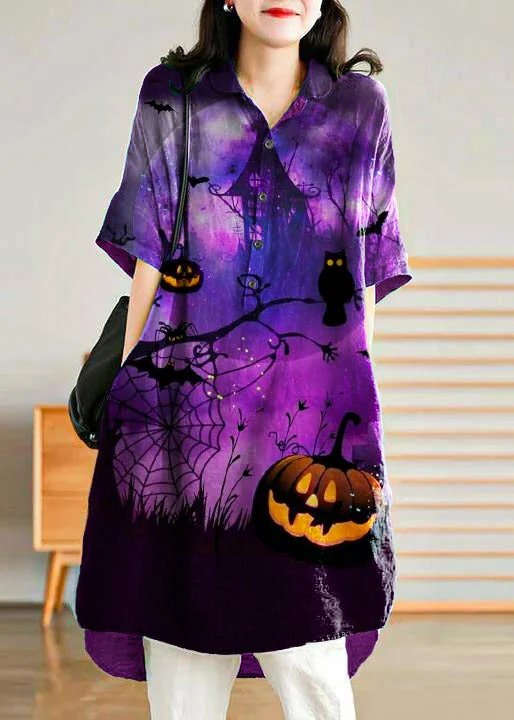 elegant shift dressJade purple-pumpkin stripes polka dots Linen Women Casual Linen Shirt Dress