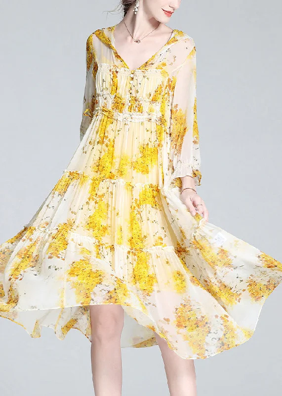Incredible Offers mini dressCute Yellow V Neck Print Patchwork Button Silk Long Dress Spring
