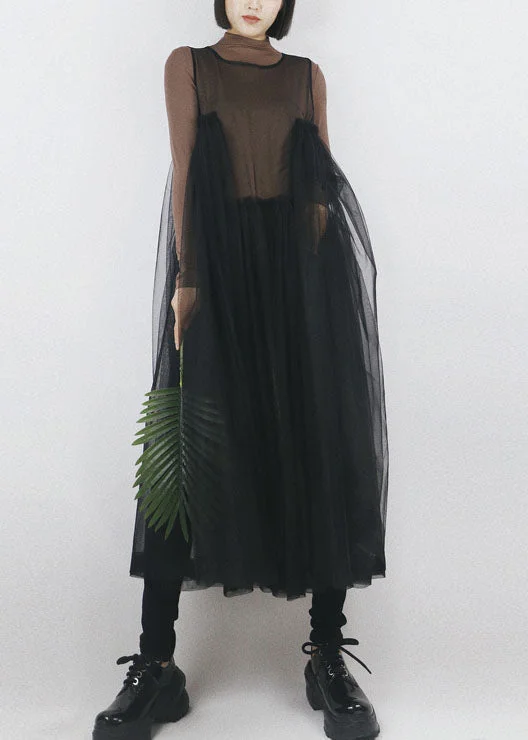 Best Deals shift dressPlus Size Black Ruffled Patchwork Tulle Vacation Dresses Sleeveless
