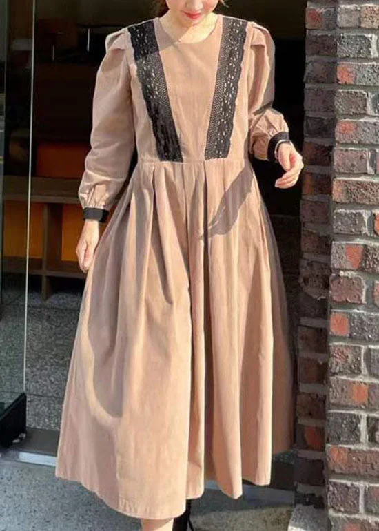 Discount Extravaganza wrap dressWomen Khaki O Neck Wrinkled Patchwork Lace Cotton Dress Spring