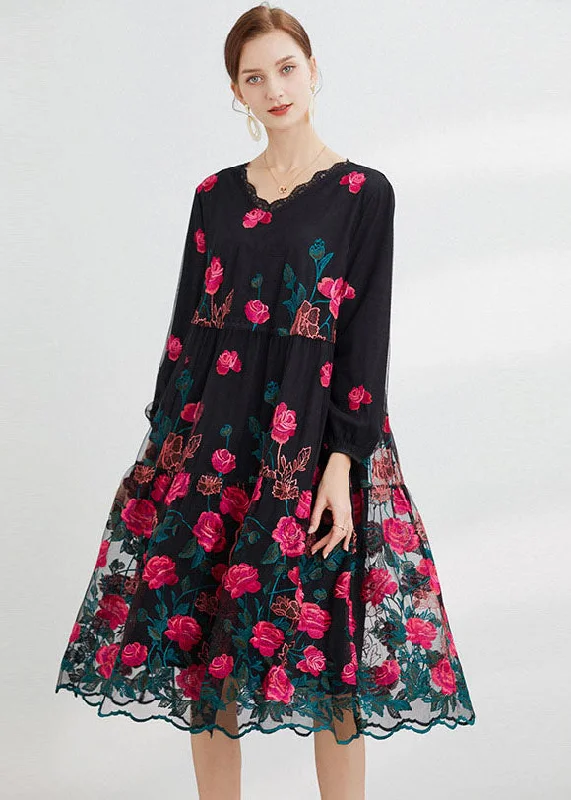 silk dressRose Floral Tulle Maxi Dress O-Neck Embroideried Long Sleeve