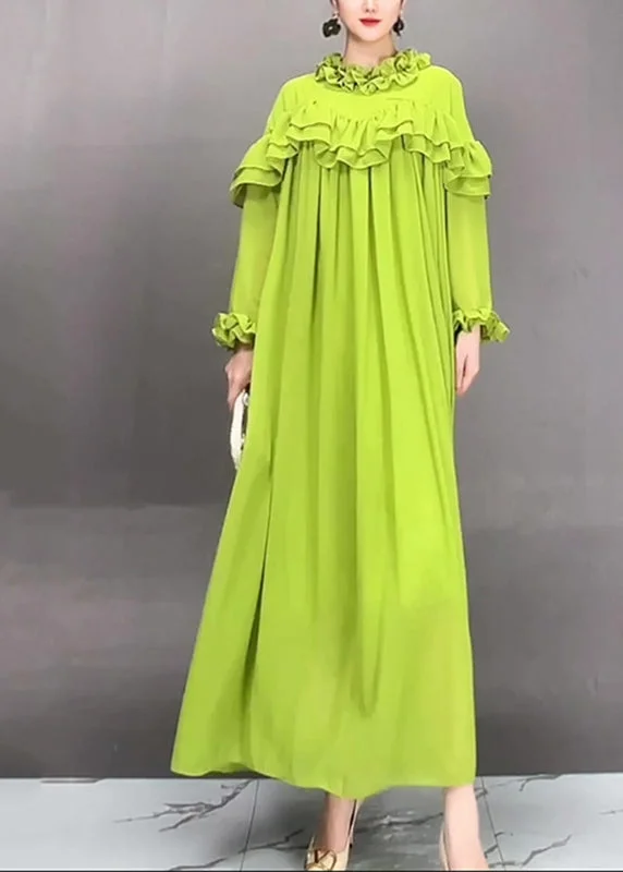 floral midi dressSimple Green Turtleneck Ruffled Patchwork Long Dress Petal Sleeve