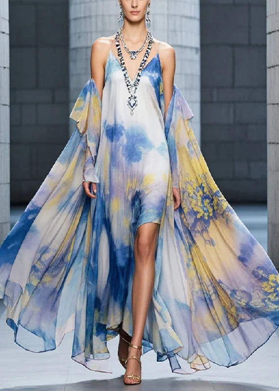 Deal of the Week summer floral dressItalian Cold Shoulder Print Exra Large Hem Chiffon Beach Dress Summer