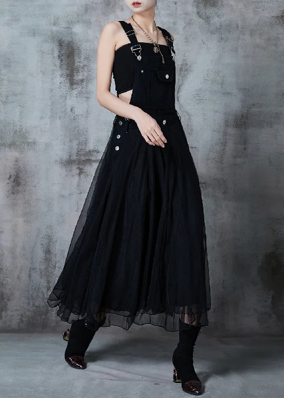 Instant Discount textured dressBlack Patchwork Organza Holiday Dress Exra Large Hem Fall
