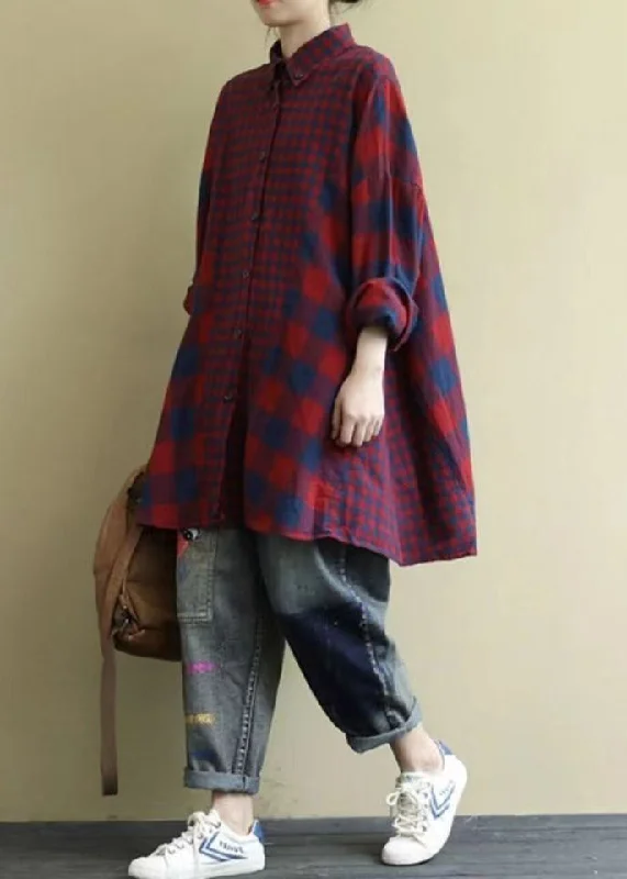 relaxed fit dressClassy Red Oversized Patchwork Plaid Cotton Shirt Dress Fall