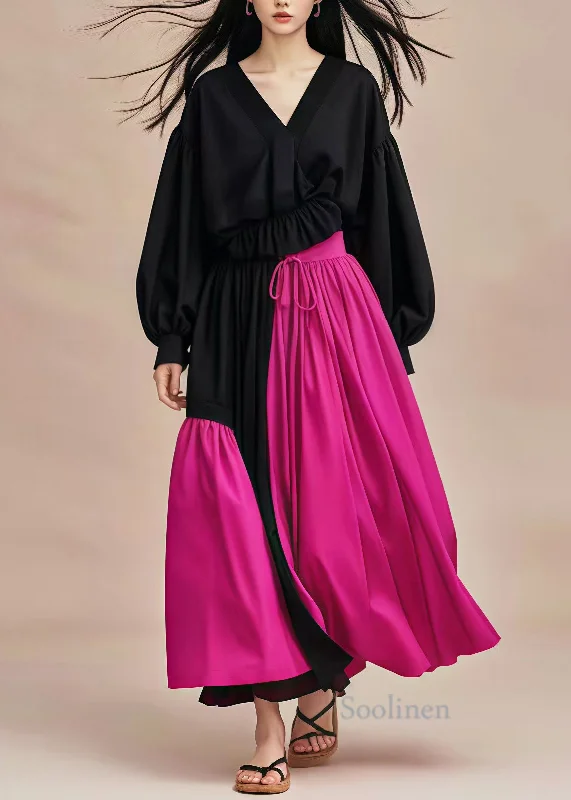 Bargain Blast lace-up dressBlack Patchwork Cotton Long Dress V Neck Cinched Spring