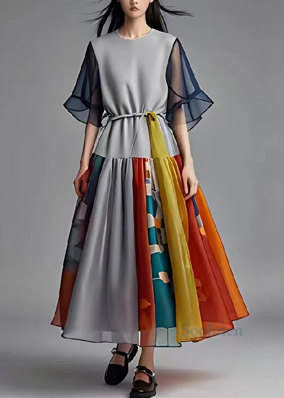 Quick Sale wrap-around dressFrench Grey O-Neck Print Wrinkled Chiffon Long Dress Summer