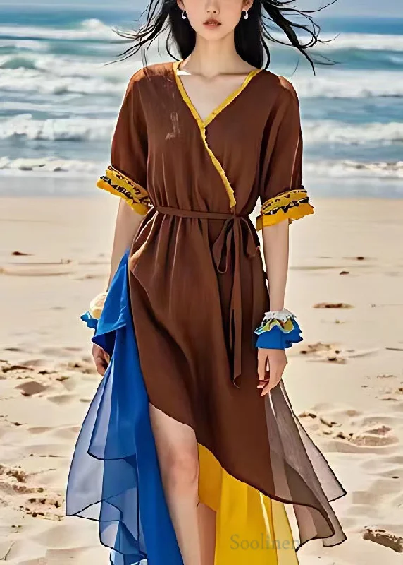 Exclusive Savings evening dressFrench Brown V Neck Tie Waist Chiffon Patchwork Dress Summer Exclusive Savings evening dressFrench Brown V Neck Tie Waist Chiffon Patchwork Dress Summer