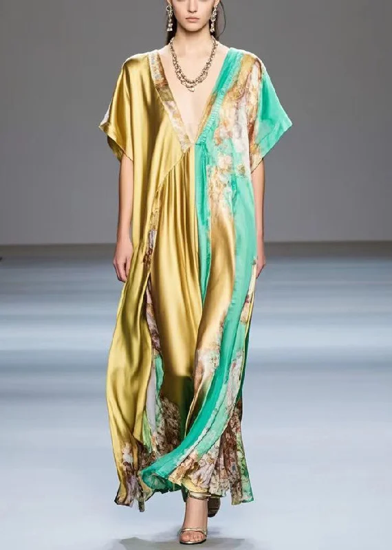 Act Now romantic dressElegant Golden Asymmetrical Design Print Silk Long Dress Summer Act Now romantic dressElegant Golden Asymmetrical Design Print Silk Long Dress Summer