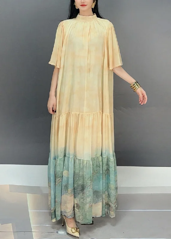 relaxed fit dressLoose Light Yellow Wrinkled Print Chiffon Long Dress Flare Sleeve