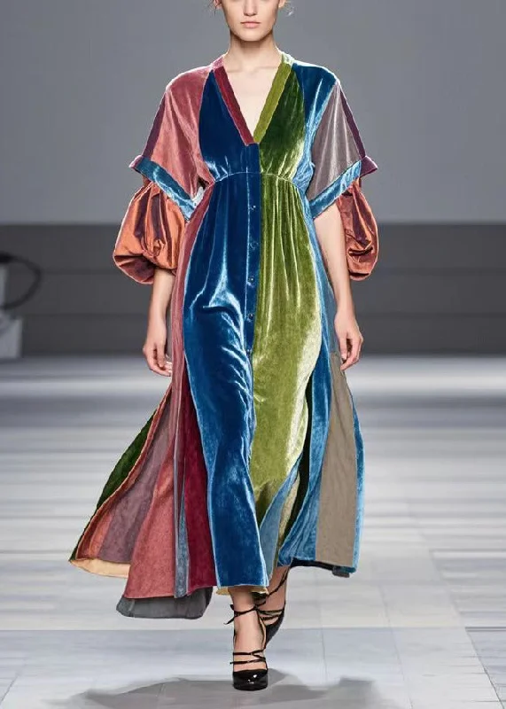 Online Only wool dressMulticolor Patchwork Silk Velvet Robe Dresses V Neck Lantern Sleeve