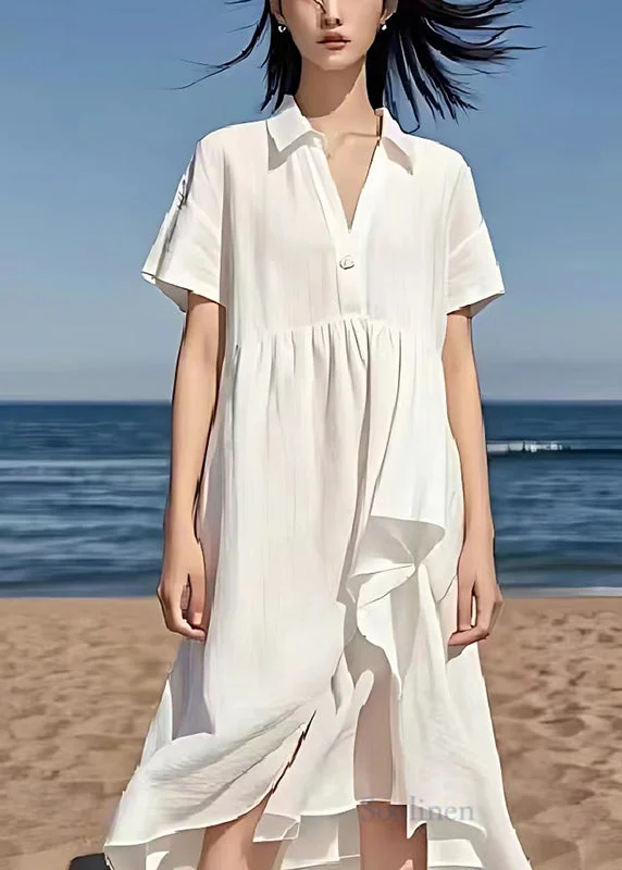 Instant Discount casual summer dressSimple White V Neck Exra Large Hem Linen Beach Dress Summer Instant Discount casual summer dressSimple White V Neck Exra Large Hem Linen Beach Dress Summer