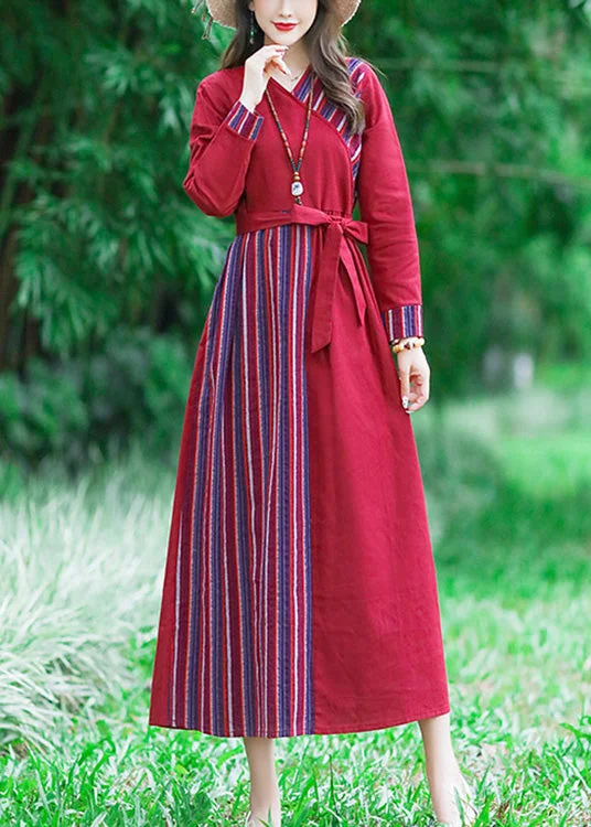 Exclusive Offers ashionable dressRed Tie Waist Tunic Linen Maxi Dress Long Sleeve