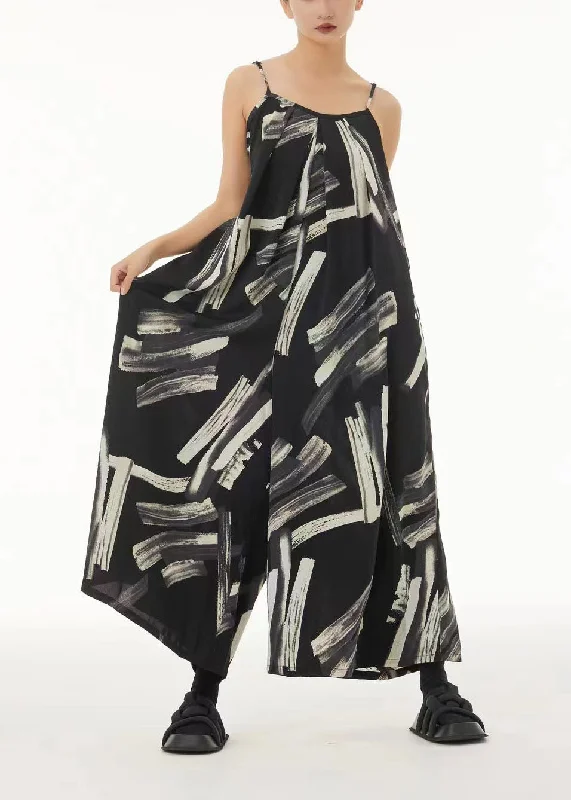 Shop and Save Boutique Black Oversized Print Chiffon Spaghetti Strap Jumpsuit Summer LC0149
