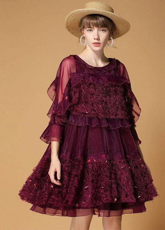 draped dressMulberry Patchwork Tulle Dress Sequins Hollow Out Half Sleeve