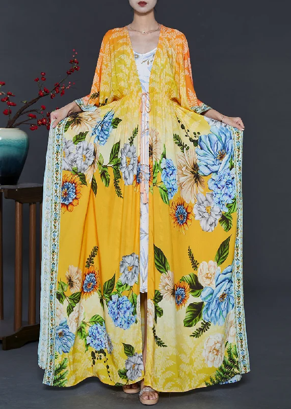 Price Reduction vintage-inspired dressBohemian Yellow Tie Waist Print Chiffon Beach Dresses Fall
