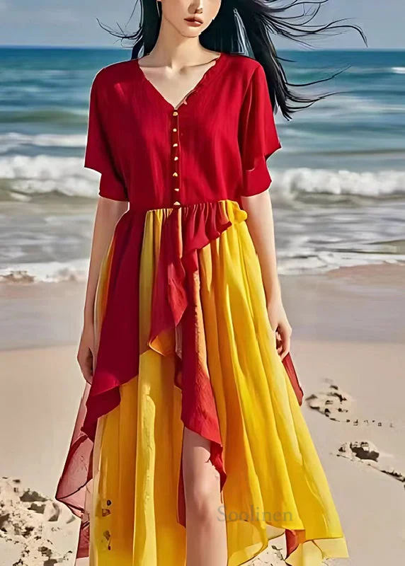 Don't Wait romantic dressFine Red Ruffled Patchwork Linen Beach Dress Summer