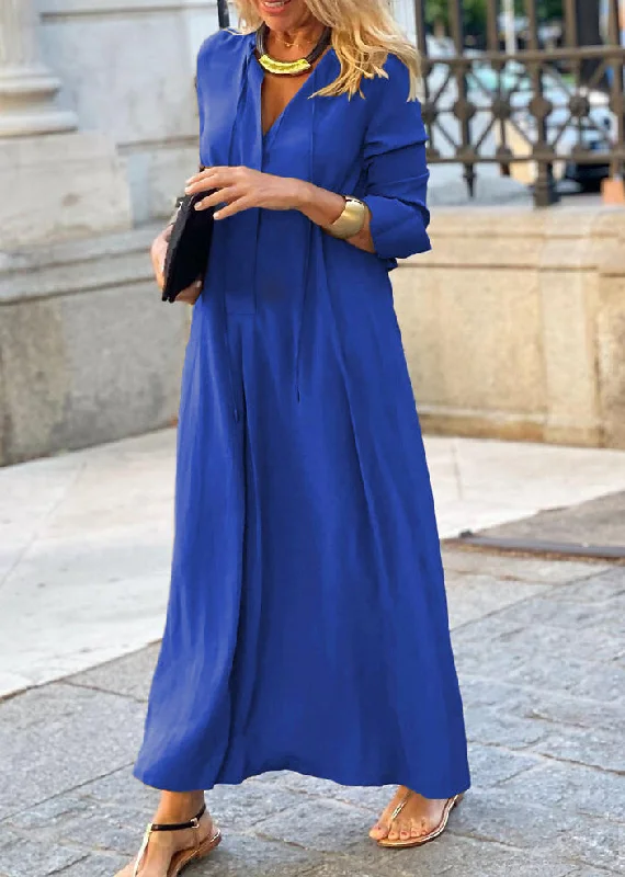 Act Now elegant shift dressSimple Royal Blue V Neck Cotton Long Dress Fall