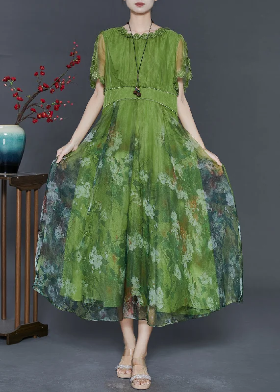 draped dressArt Grass Green Print Exra Large Hem Silk Dresses Summer