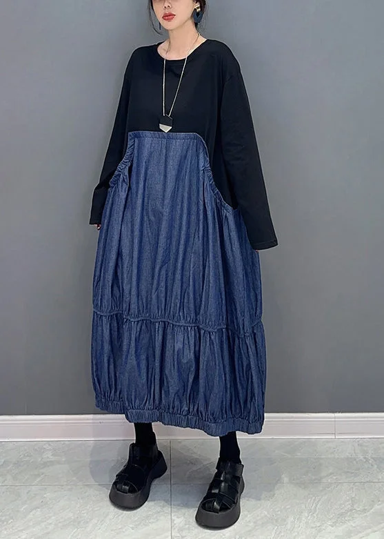 Price Slash midi dressCasual Colorblock Oversized Patchwork Wrinkled Denim Dress Spring
