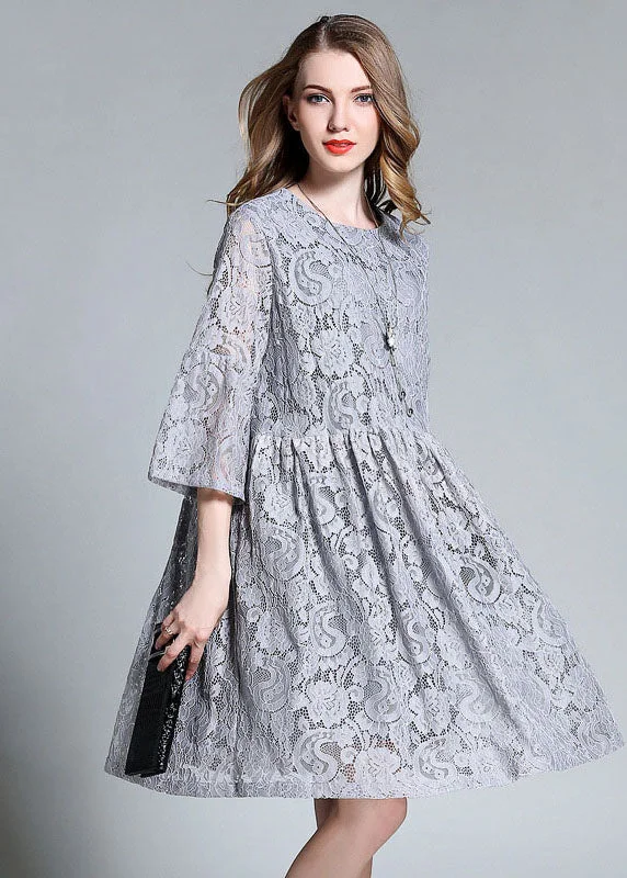 flowy maxi dressBeautiful Grey O-Neck Patchwork Solid Lace Maxi Dresses Bracelet Sleeve