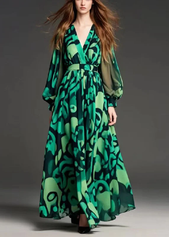 off-the-shoulder dressModern Green Print Chiffon Party Dress Cinched Spring