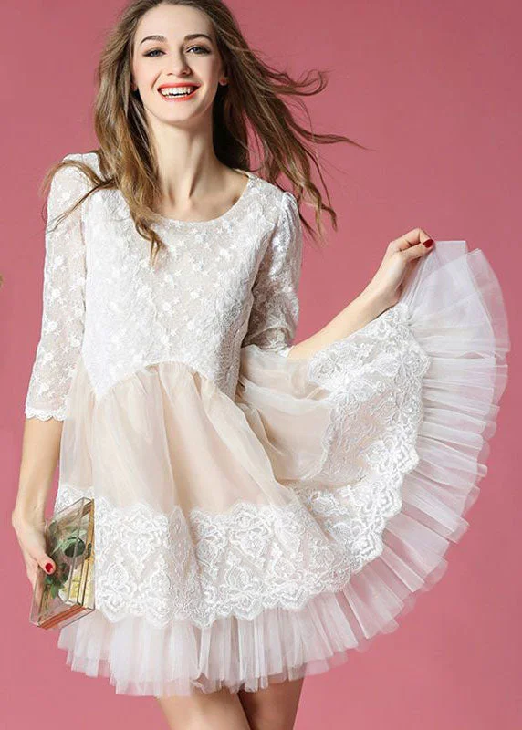 winter dressWhite Patchwork Lace Organza Day Dress O-Neck Exra Large Hem Summer