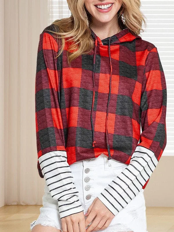 Special Savings Women'S Striped And Plaid Patchwork Hooded Sweatshirt With Drawstring