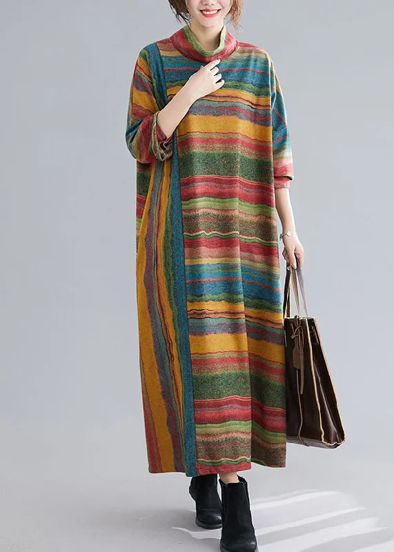 The Best Prices classic fit-and-flare dressVintage Green Turtle Neck Patchwork Striped Cotton Ankle Dress Spring