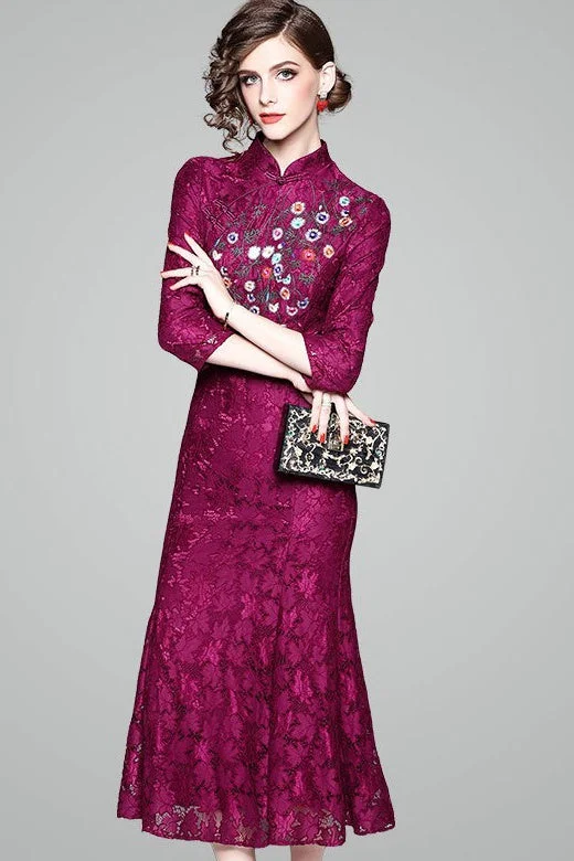 oversized dressPurple Embroidered Lace Qipao Dress