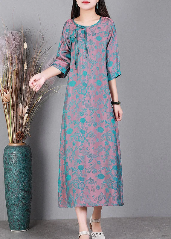 Limited Time tiered dressBlue O-Neck Print Side Open Silk Dress Half Sleeve